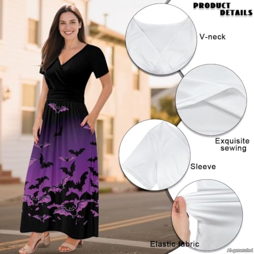 Image of Women's Fall Summer Short Sleeve Ankle Length V-Neck Party Dress with Pockets Size S-3XL