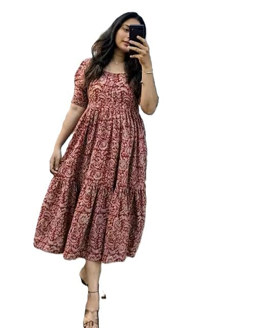 Women's Floral Print Midi Dress, Square Neck, Short Puff Sleeves, Tiered Ruffle Hem, Red Pink-picture-31