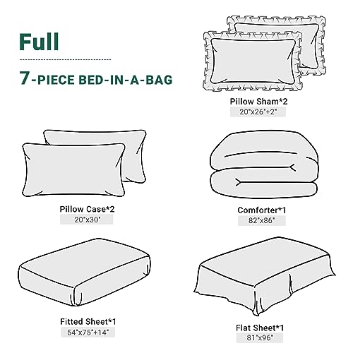 JOLLYVOGUE Green Full Size Comforter Sets 7 Pieces, Pintuck Bed in a Bag Comforter Set for Bedroom, Bedding Comforter Sets with Comforter, Sheets,Ruffled Shams & Pillowcases