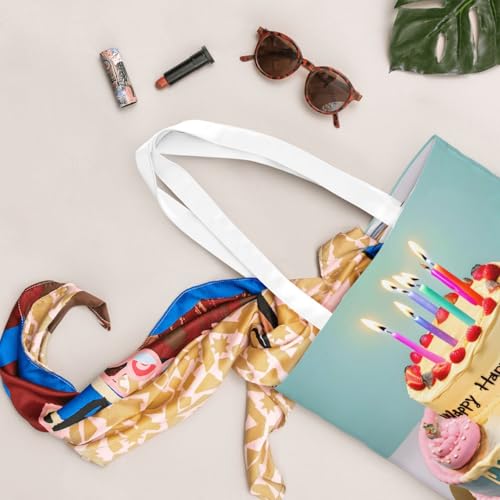 Happy Birthday Big Cake Print Polyester Canvas Tote Bag, Shopping Bag With Reinforced Handles, Reusable 5