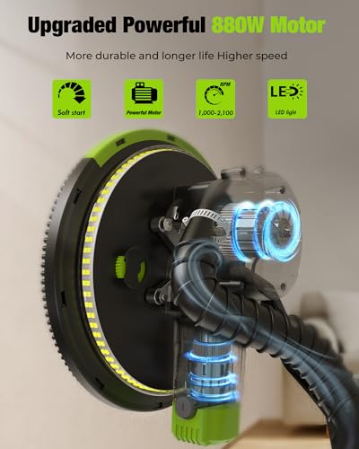 Drywall Sander - ETOOLAB Electric Drywall Sander 1000-2100RPM with Auto Dust Collection 360° Swivel Head, Powerful Wall Sander with 5 Variable Speed LED Lightfor Ceilings, Floors Discs Sander