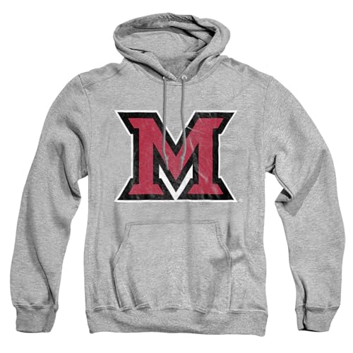 Miami University Official Distressed Primary Logo Unisex Adult Pull-Over Hoodie, Athletic Heather, Large