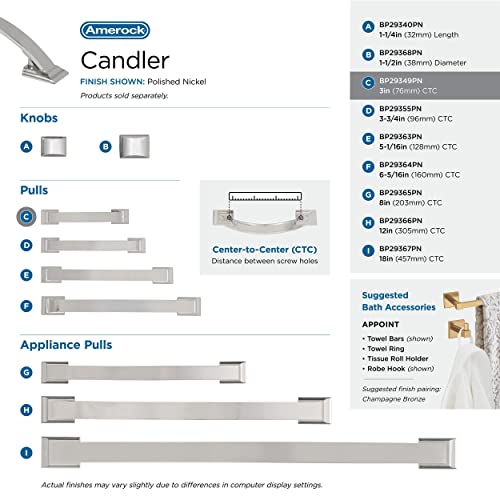 Image of Amerock | Cabinet Pull | Polished Nickel | 3 inch (76 mm) Center to Center | Candler | 1 Pack | Drawer Pull | Drawer Handle | Cabinet Hardware