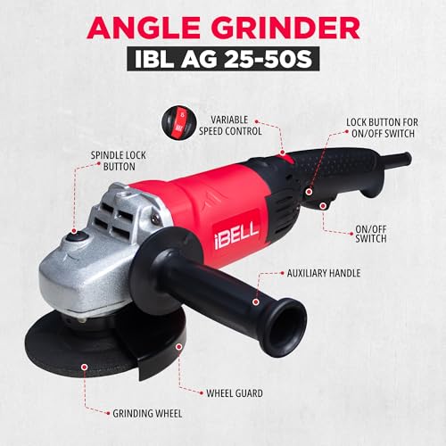 Image of iBELL Angle Grinder AG25-50S, 5 inch / 125mm Disc Dia,1400W Heavy Duty, Copper Armature,0-9000 RPM with Side Handle and Guard