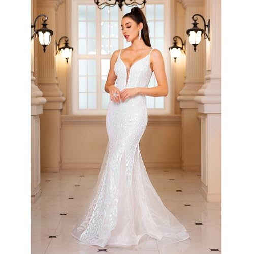 Image of Spaghetti Sequin Formal Dress Tulle Mermaid Floor Length Evening Night Party Gown