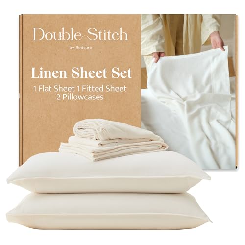Double Stitch European Flax Linen Sheets Queen - Breathable Linen Blend Bedding Set 4 PC, Sustainable, Moisture-Wicking & Cooling Sheet Set, Deep Pocket Up to 16'', Featured in USA Today, Cream
