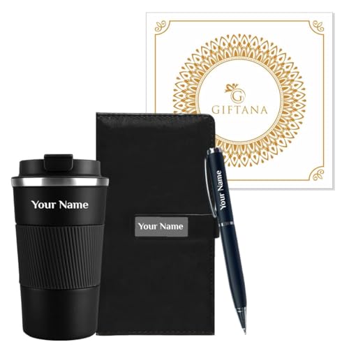 Image of Giftana Personalized Diary with Pen, Coffee Tumbler with Name, 3 in 1 Diary, Pen, Tumbler, Personalized Gifts for Husband Birthday, New Year Corporate Gifts for Employee (Black)