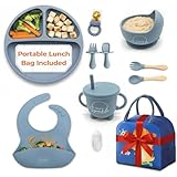 12 Pcs Silicone Baby Weaning Set with Portable Lunch Bag – BPA-Free Strong Suction Divided Plate, Bowl, Sippy Cup, Baby Spoon, Fork, Bib w/Catcher–Microwave & Dishwasher Safe Baby Plates and Bowls Set