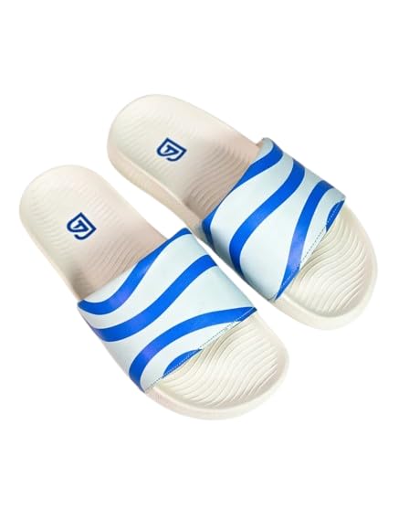 bel-aire Air Slide Sandal with Blue Wave Stripe Strap, White Cushioned Sole, Casual Beach Slipper, Unisex-picture-30