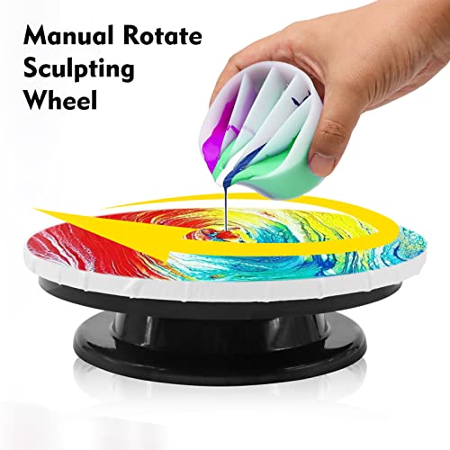 Angela&Alex 11” Rotate Turnable Sculpting Wheel with Acrylic Pouring Strainers Scraper Cone Painter Support Stands Gloves Painting Tools Unique Pattern Train Art Supplies