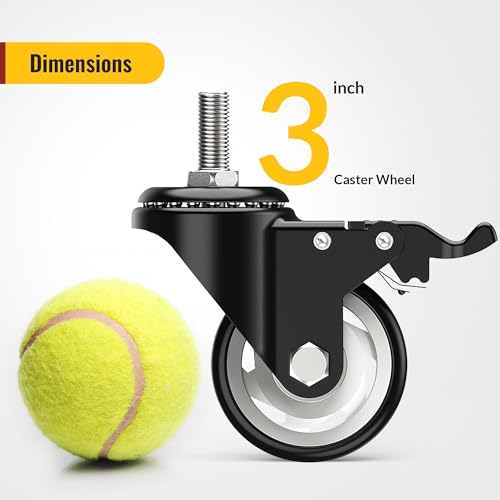 Image of HOLKIE Caster Wheels 3 inch Total Locking Stem Casters, 3 /8 inch -16 x 1 (Stem Diameter 3 /8 inch, Stem Length 1 inch) Threaded Stem Casters Swivel Casters Set of 4 Heavy Duty Castors Black