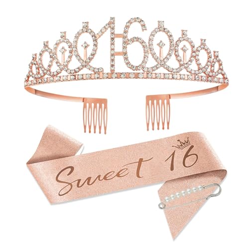 SCBOY 16 Ans Anniversaire Fille 16 Ans Miss Cadeau Birthday Girl Decoration Déco de Fête Inclut Couronne et Echarpe Rose Deco Anniversaire