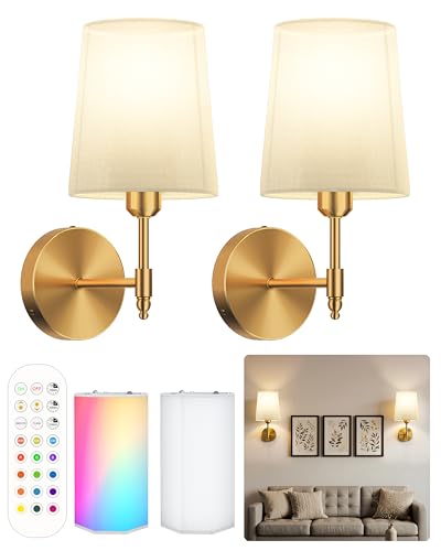Image of Ouyulong Battery Operated Wall Sconces Set of 2, Wireless Rechargeable Dimmable Wall Light with 15000mAh RGB Bulb and Remote for Bedroom, Living Room, Hallway, Gold, 13.4in