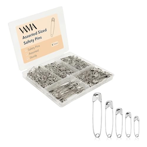 Image of VAMA 300 Pcs 5 Assorted Sizes of Durable, Silver Small and Large Safety Pins Bulk, Rust-Resistant Nickel Plated Steel, Sharp Edge Pins for Clothes, Sewing, Arts & Craft