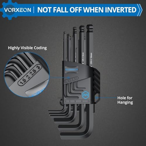 9 PCS Allen Wrench Hex Key 1.5 mm - 10 mm Metric Flat Ball End Black L-key with Visible coding For Handyman DIY Bike Motorcycle Repair