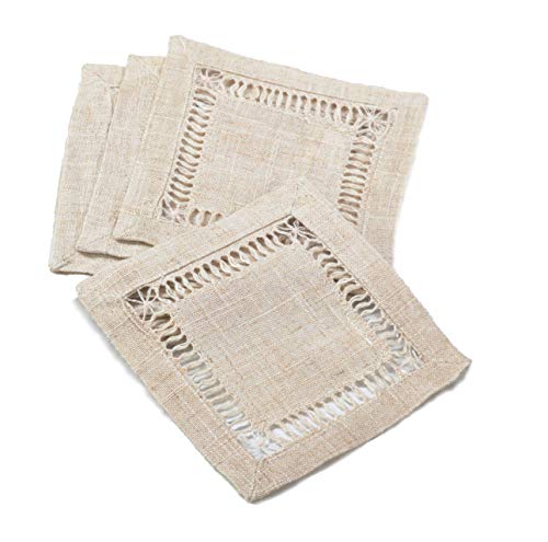 Fennco Styles Toscana Contemporary Hemstitched Linen Blend 6 x 6 Inch Coasters for Dinner Table, Picnic Table, Parties, Wedding Decorations, Natural, Set of 4