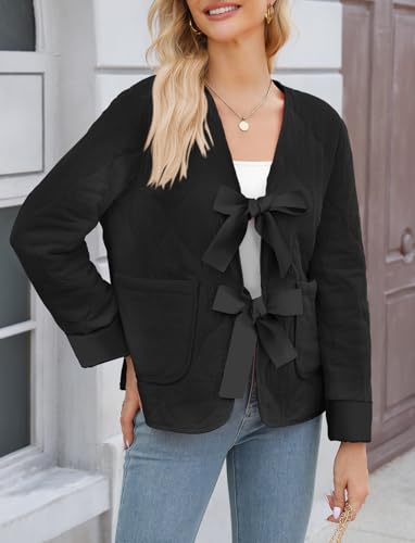 Women's Cropped Puffer Quilted Jacket Floral Bow Tie Front Long Sleeve Padded Coat with Pocket2