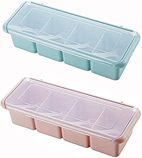 2 PCS Spice Jars, Spice Storage, Seasoning Box, Condiment Jars with Spoons, Four Grid Spice Box, 4 in 1 PP Plastic Jars, Ideal for Storage Salt, Black Pepper, Chili Or Other Spices (Pink and Blue)