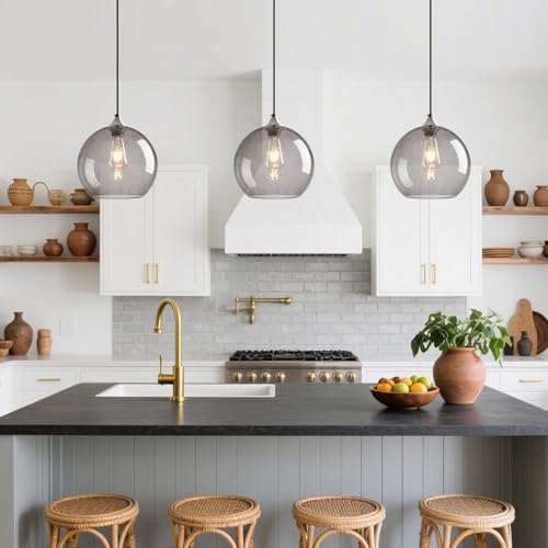 Image of Light Grey Glass Pendant Lights Kitchen Island Globe Pendant Light Fixtures Modern Pendant Lighting for Bedroom Living Dining Room Light Fixture (9.84 in, 1 Pack)