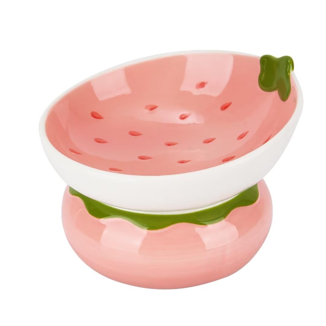 Ceramic Raised Cat Bowl, Elevated Cat Food Bowl for Indoor Cats, Anti Vomiting & Protect Pet's Spine, Cute Tilted Cat Dish for Flat Faced Cats and Kitten (Strawberry Shape) — image 1