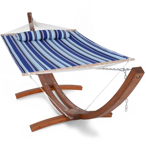 Image of SUNCREAT Hammocks 2 Person Hammock with Stand, Portable Patio Hammock with 13.5 ft Wooden Stand, Blue Stripes