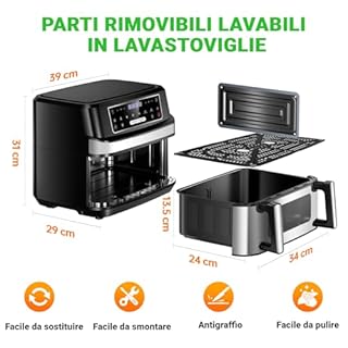 Friggitrice ad Aria 12 Litri con Ricettario | Air Fryer XXL Doppia Singola Zona Regolabile, 8-in-1 Friggitrice Aria Doppio Cestello Temp Indipendente, Airfrye Grande Max 200°C Finestra & Luce Interna