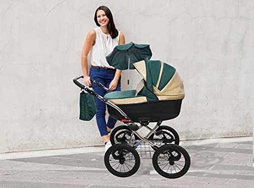SKYLINE Klassisch Retro Stil LUX Kombi-Kinderwagen Buggy 3in1 Reise System Autositz (Isofix) (Grün/14"Luft Bereifung)