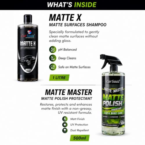 Image of CAR SAAZ Matte Care Combo Pack | MatteX Car Shampoo 1L & Matte Polish Protectant 500ml | Matte Paint Cleaner & UV Protection | Restores Matte Finish for Cars & Bikes