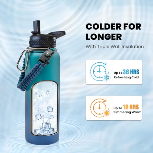 Image of RAYMYLO Insulated Water Bottle 40 oz, Triple Wall Vacuum Stainless Steel (Cold for 36Hrs, Hot for 18Hrs), Leak Proof & Non-BPA, Modern Water Flask Jug with Paracord Handle & Straw Spout Lids