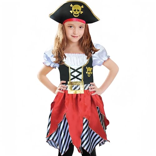 Lingway Toys Girls Pirate Buccanner Princess Costume Deluxe Dress&Pirate Hat for Kids Size 7-8 Red/Black