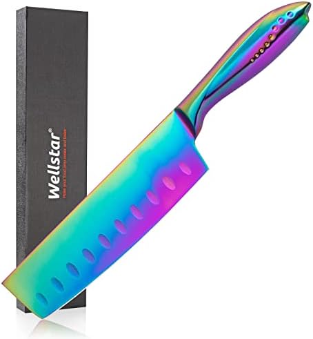WELLSTAR Nakiri Knife 7 Inch, Razor Sharp German Stainless Steel Meat Vegetable Cleaver, Multi-purpose Asian Kitchen Knife for Home Chef’s Cooking with Rainbow Titanium Coating, Strong Durable Handle