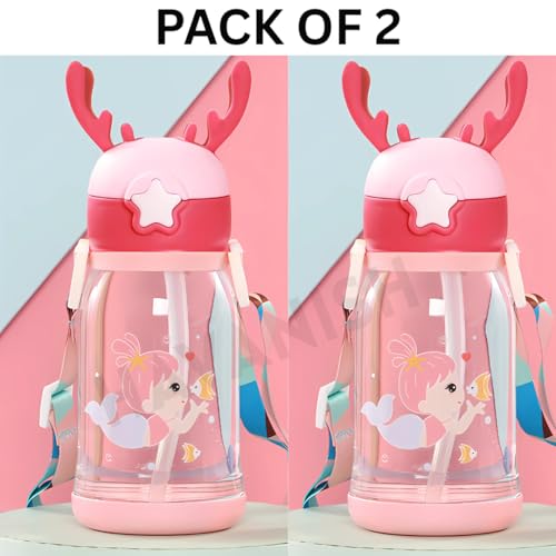 Image of Antlers Water Bottle for Kids 600ml BPA Free | Soft Silicone Sipper Transparent Bottle for Boys & Girls | Reusable Leak Proof with Strap for School, Sports, Travel & Outdoor Use - Pack of 2(Pink)