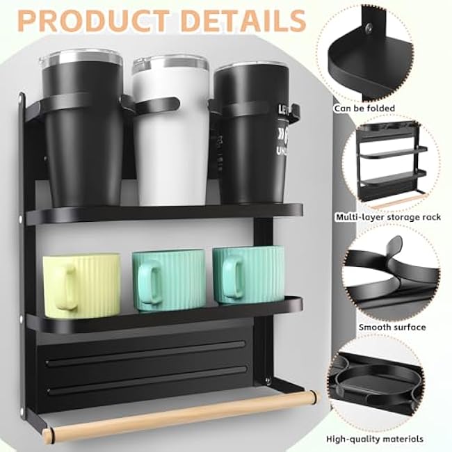 Magnetic Cup Storage Organizer Tumbler Holder for Fridge, Cup Holder for 20/30/40 oz Water Bottle Organizer Accessories Cup Storage Rack for Refrigerator & Kitchen,Black