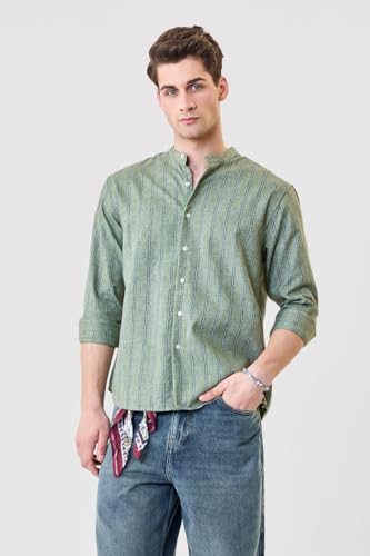 Image of SNITCH Men Casual Shirt | Regular Fit Full Sleeve Mandarin Collar Striped Design | Polyester Cotton Linen Blend & Breathable Fabric for Smart Casual