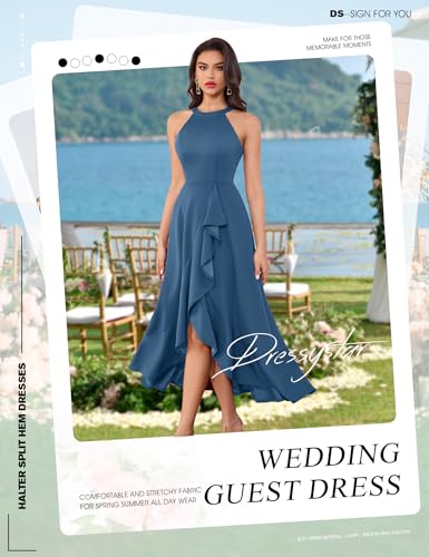 Image of Dressystar Womens 2026 Halter Slit Ruffle Wedding Guest Party Dress Elegant Maxi Long Sleeveless Formal Prom Cocktail Dresses