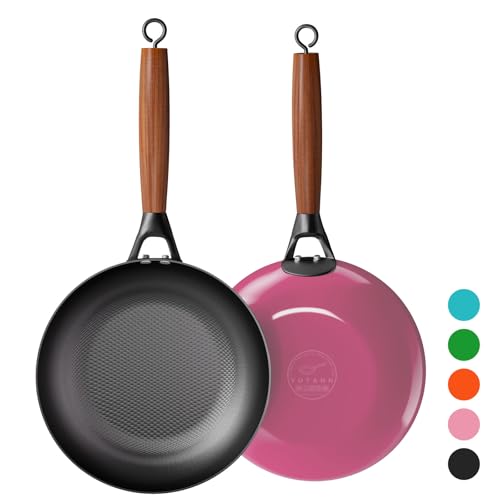 YUTANN Sartén de Hierro Fundido, 28 cm Sartén Antiadherente con Mango de Madera Extraíble, Sin PTFE, PFAS ni PFOS, Compatible con la Inducción, Horno y Lavavajillas, Fácil de Limpiar
