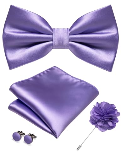 Image of RBOCOTT Solid Color Bow Tie and Pocket Square with Lapel Pin Cufflinks Set 4PCS