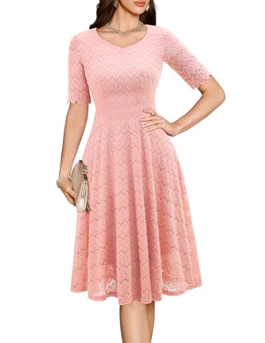 Image of Dressystar Women's Short Sleeve Lace Wedding Guest Dress V Neck A Line Formal Cocktail Evening Party Dresses 2025