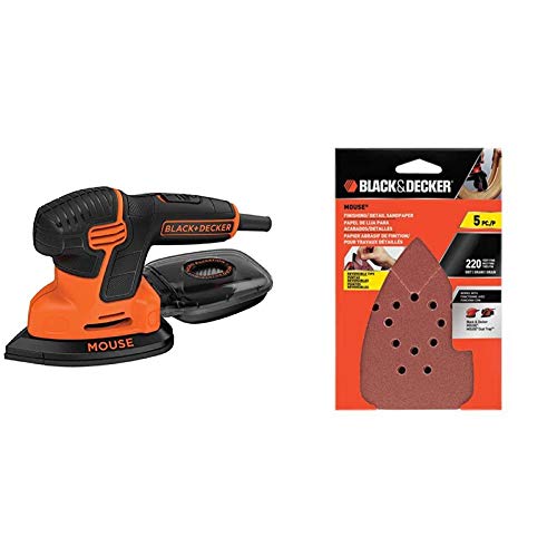 BLACK+DECKER Mouse Detail Sander, Compact Detail (BDEMS600) & Sandpaper Assortment for Mouse Sander, 220-Grit, 5-Pack (BDAM220)