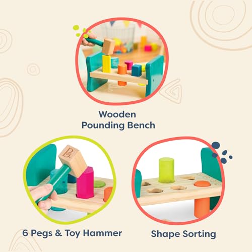 Image of B. toys Wooden Shape Sorter, Colorful Pound & Play | Wooden 8-piece set with 6 colorful shape pegs and toy hammer for sorting, matching, flip-over play, 2+ Years