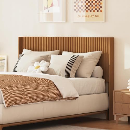COCO DESIGN Queen Size Headboard Only, 64.3" Wide Headboard, Mid Century Modern Farmhouse Boho HeadBoard, Fluted Panel, Wall Mount, Wingback Design, Vintage Oak