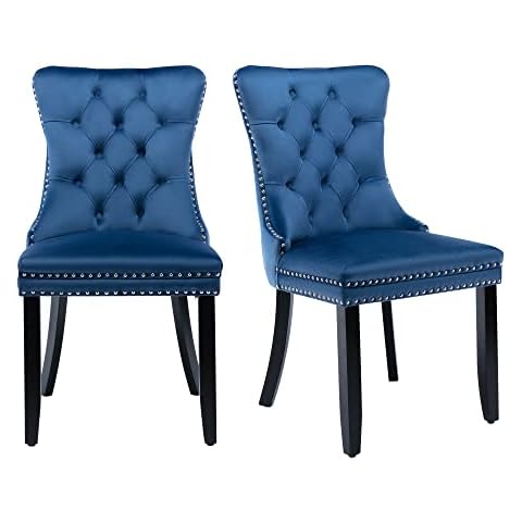 adochr Furniture, Velvet Fabric Accent Dining Chairs Set of 2, Room for Used Solid Wood with Button and Nailed Trim, Dark Blue Cover