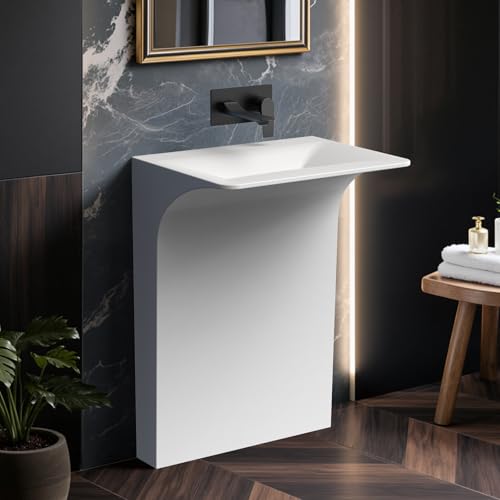 BCANHOME 23.2 Luxury Modern Pedestal Sink 33.2 Tall Glossy White Stone Resin Bathroom Sink Modern Solid Surface Freestanding or Wall-Mount Basin with Drain Assembly pedestal sinks for bathrooms