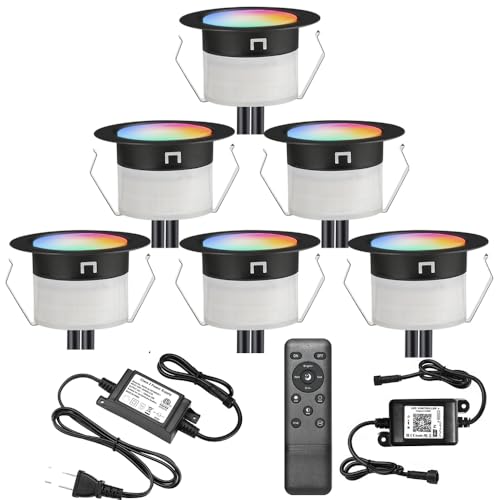LED Deck Lights Kit, 6 pcs 1.22 Inch WiFi Smart Phone Control Recessed RGBW Deck Lighting Outdoor Waterproof Low Voltage Landscape Lighting for Floor Stairs Steps Path Patio Decor, Black