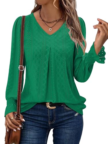 KISSMODA Long Sleeve Fall Shirts For Women V Neck Tunic Tops Embroidered Button Down Knitted Blouses 2025
