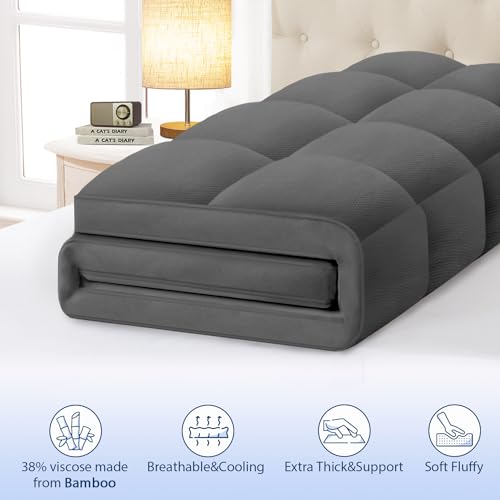 ELEMUSE Full Grey Cooling Bamboo Viscose Mattress Topper for Back Pain, Extra Thick Mattress Pad Cover, Plush Soft Pillowtop with Elastic Deep Pocket, Overfilled Down Alternative Filling