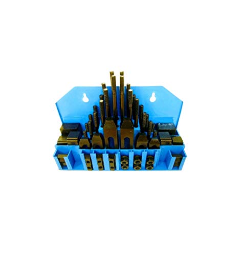 HHIP 3901-0002 Ultra Quality 58-Piece Steel Clamping Kit – 7/16" T-Slot, 3/8"-16 Studs Heat-Treated IC45E Alloy Steel HRC30-40 – Includes Step Blocks, Clamps, T-Nuts, Flange &amp; Coupling Nuts, Wall Rack