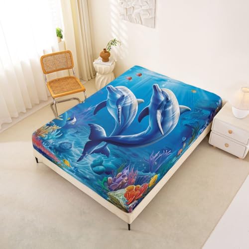 Image of jejeloiu Dolphin Bed Sheets Set Full Size Cute Ocean Animal Bed Set Jumping Dolphins Deep Pocket Fitted Sheet Blue Ocean Marine Themed Breathable Soft Lightweight Microfiber