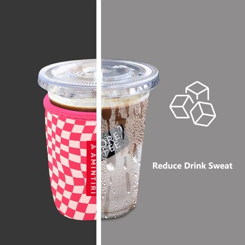 Image of 3 Pack Reusable Neoprene Sleeve for Iced & Hot Drinks, Compatible with Starbucks & Dunkin' Coffee Cup. (Pink Checkerboard)