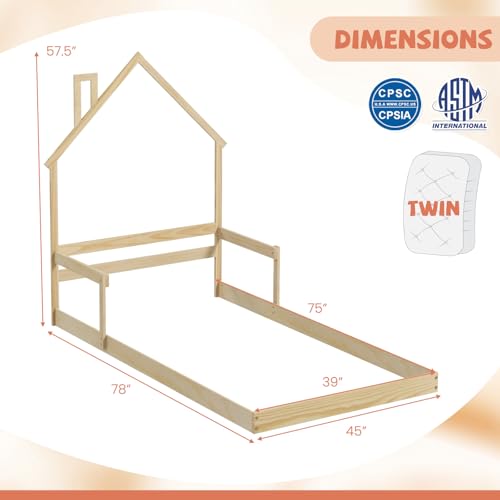 Giantex Twin Floor Bed for Kids, Wood Montessori Bed with Chimney Headboard, Without Slats, House Floor Beds Frame for Boys, Girls, Natural